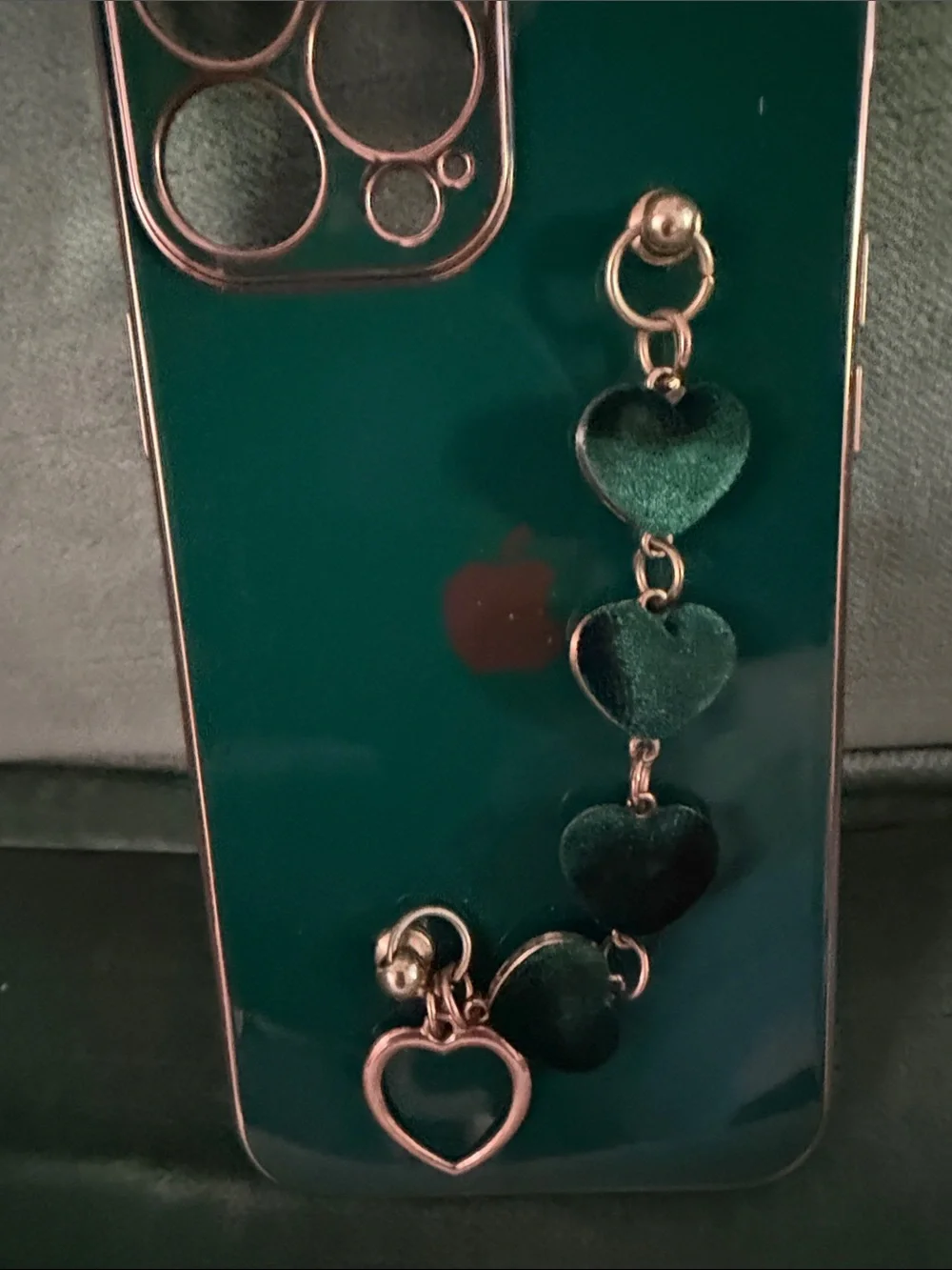 Apple Dark Green Gloss iPhone Case with Heart Charm Chain